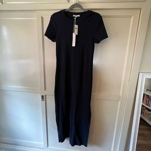 Anthropology dress navy long short sleeve with left side slit